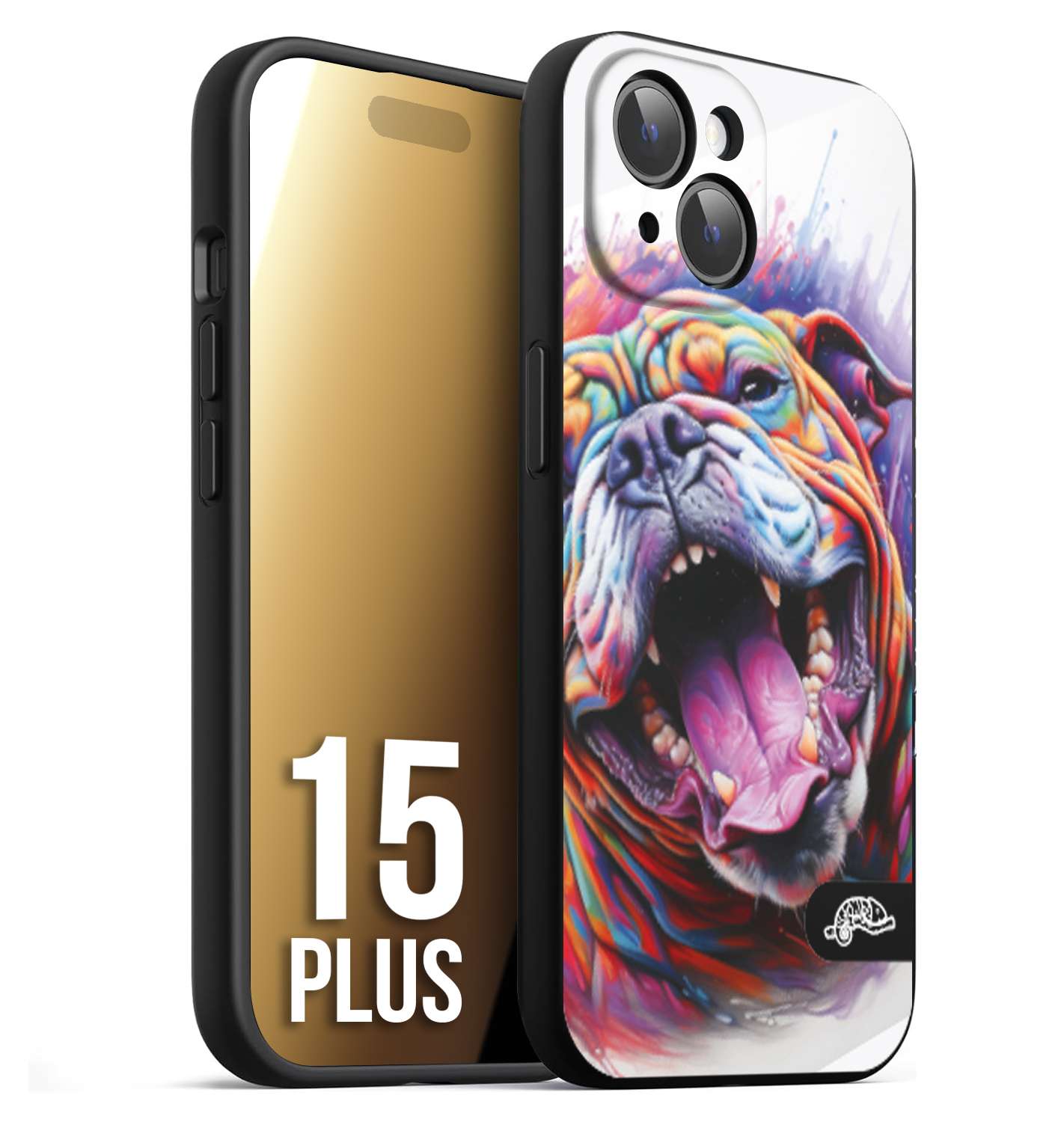 CUSTOMIZZA - Custodia cover nera morbida in tpu compatibile per iPhone 15 PLUS animali color bulldog cane dog colori vibranti disegnato schizzo