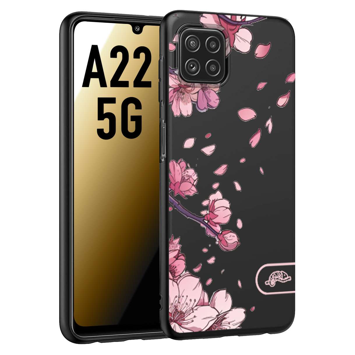 CUSTOMIZZA - Custodia cover nera morbida in tpu compatibile per Samsung A22 5G giapponese fiori di ciliegio in fiore a rilievo disegnata tattoo