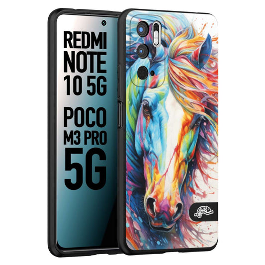 CUSTOMIZZA - Custodia cover nera morbida in tpu compatibile per Xiaomi Redmi Note 10 5G - Poco M3 Pro 5G animali color cavallo horse viso colori vibranti disegnato schizzo