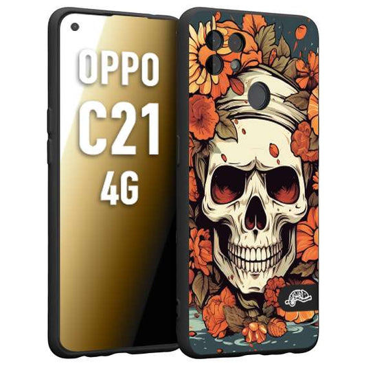 CUSTOMIZZA - Custodia cover nera morbida in tpu compatibile per Oppo Realme C21 4G teschio skull flowers fiori tattoo disegnato alta definizione