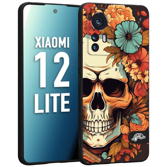 CUSTOMIZZA - Custodia cover nera morbida in tpu compatibile per Xiaomi 12 LITE teschio skull flowers fiori autunnali arancio celeste tattoo