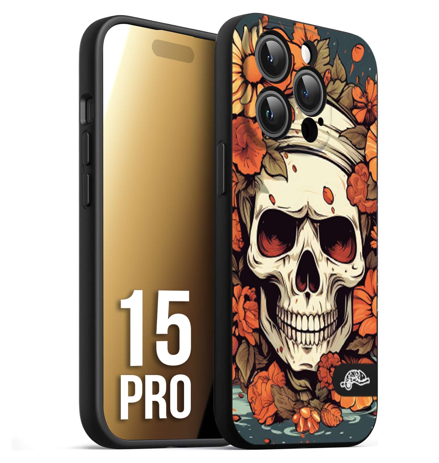 CUSTOMIZZA - Custodia cover nera morbida in tpu compatibile per iPhone 15 PRO teschio skull flowers fiori tattoo disegnato alta definizione