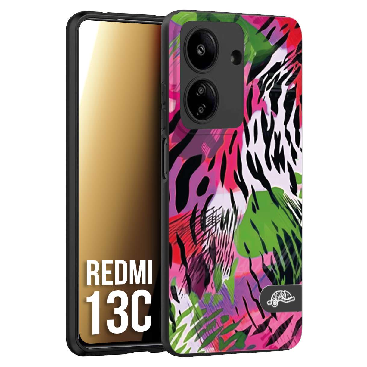 CUSTOMIZZA - Custodia cover nera morbida in tpu compatibile per Xiaomi Redmi 13C leopardato tigrato tiger colorata summer color verde fucsia