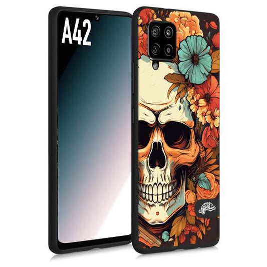 CUSTOMIZZA - Custodia cover nera morbida in tpu compatibile per Samsung A42 teschio skull flowers fiori autunnali arancio celeste tattoo