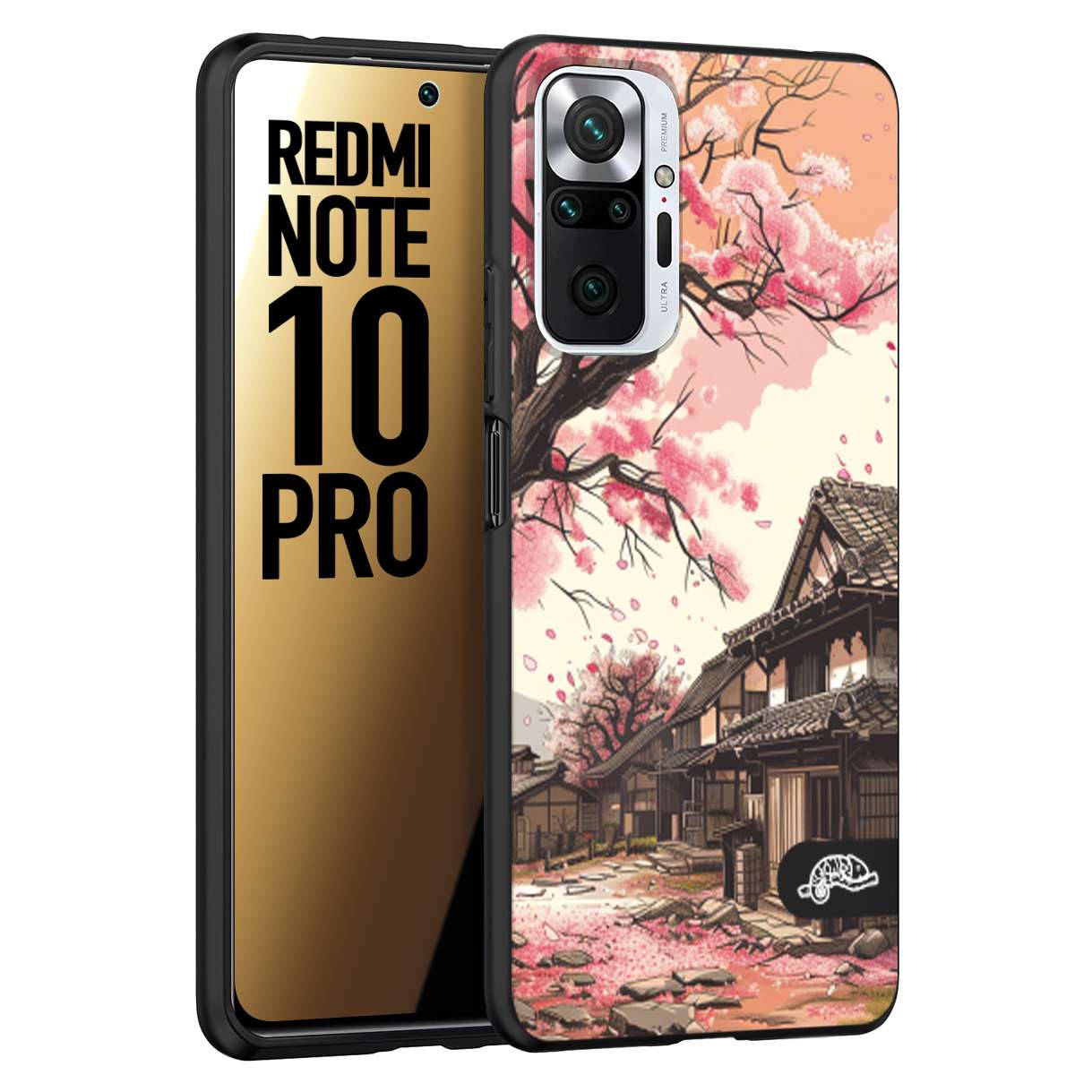 CUSTOMIZZA - Custodia cover nera morbida in tpu compatibile per Xiaomi Redmi Note 10 PRO casa giapponese rosa ciliegio in fiore disegnata tattoo