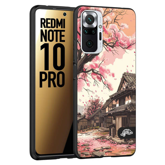 CUSTOMIZZA - Custodia cover nera morbida in tpu compatibile per Xiaomi Redmi Note 10 PRO casa giapponese rosa ciliegio in fiore disegnata tattoo