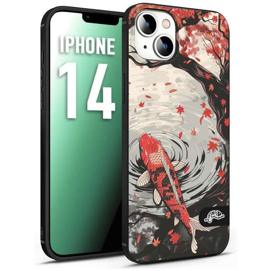 CUSTOMIZZA - Custodia cover nera morbida in tpu compatibile per iPhone 14 giapponese lago carpa koi rossa con foglie d'acero rosso disegnata tattoo