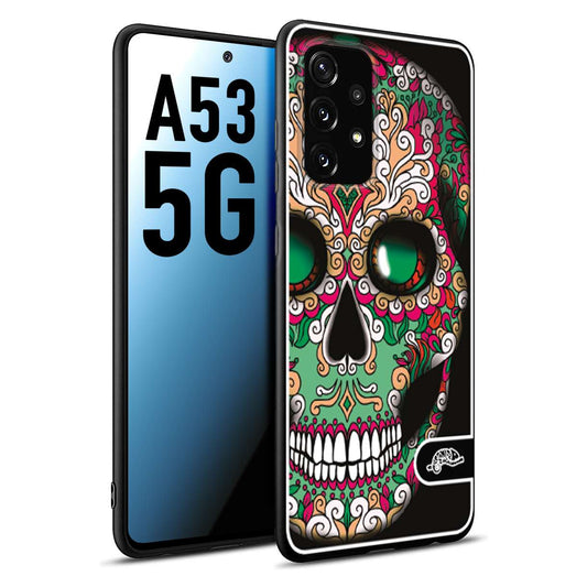 CUSTOMIZZA - Custodia cover nera morbida in tpu compatibile per Samsung A53 5G teschio messicano Mexican skull verde fucsia