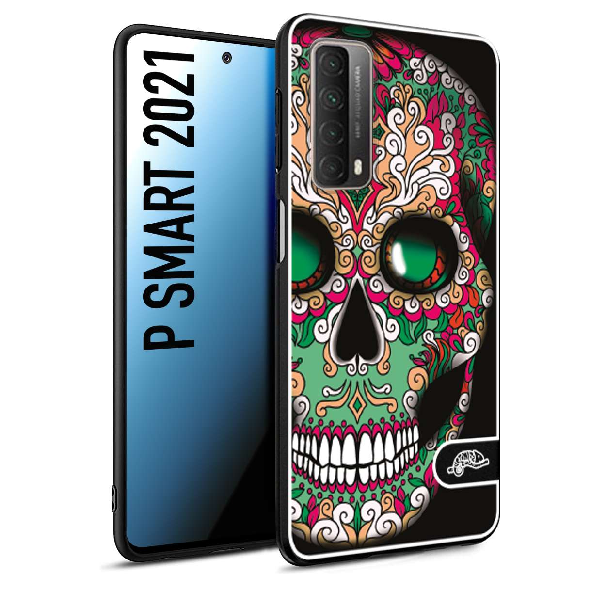 CUSTOMIZZA - Custodia cover nera morbida in tpu compatibile per Huawei P Smart 2021 teschio messicano Mexican skull verde fucsia