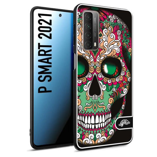 CUSTOMIZZA - Custodia cover nera morbida in tpu compatibile per Huawei P Smart 2021 teschio messicano Mexican skull verde fucsia