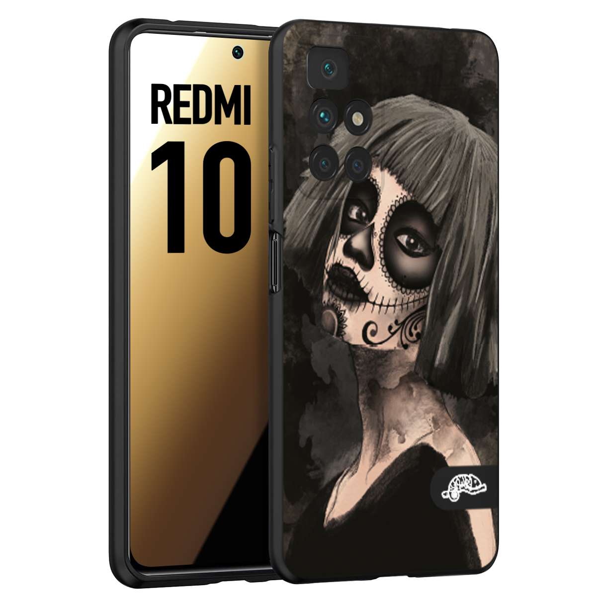 CUSTOMIZZA - Custodia cover nera morbida in tpu compatibile per Xiaomi Redmi 10 chicana messicana dea de la muerte donna santa tattoo disegnata