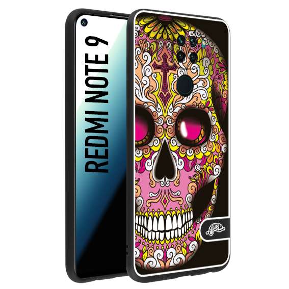 CUSTOMIZZA - Custodia cover nera morbida in tpu compatibile per Xiaomi Redmi Note 9 teschio messicano Mexican skull rosa gialla