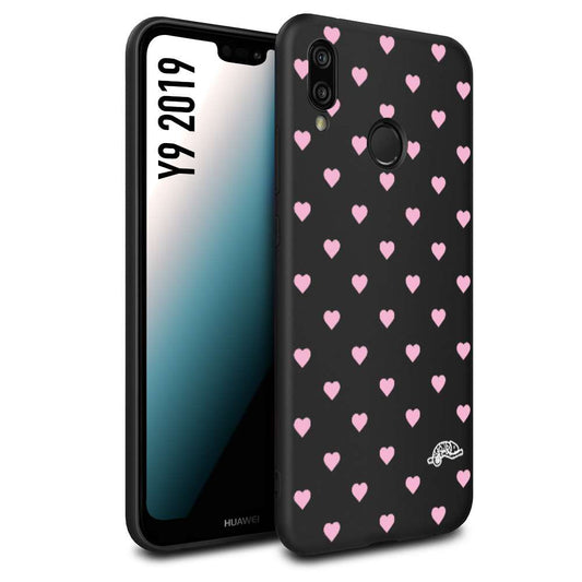 CUSTOMIZZA - Custodia cover nera morbida in tpu compatibile per Huawei Y9 2019 cuori pois rosa su nero donna pin up vintage