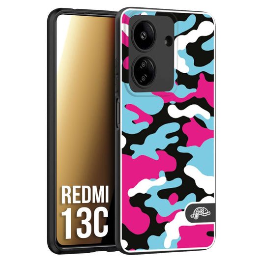 CUSTOMIZZA - Custodia cover nera morbida in tpu compatibile per Xiaomi Redmi 13C camouflage mimetico militare fucsia celeste