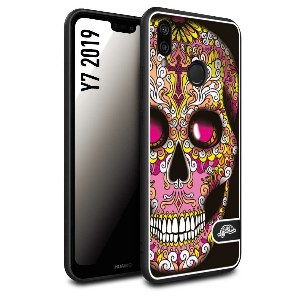 CUSTOMIZZA - Custodia cover nera morbida in tpu compatibile per Huawei Y7 2019 teschio messicano Mexican skull rosa gialla