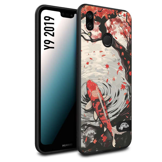 CUSTOMIZZA - Custodia cover nera morbida in tpu compatibile per Huawei Y9 2019 giapponese lago carpa koi rossa con foglie d'acero rosso disegnata tattoo