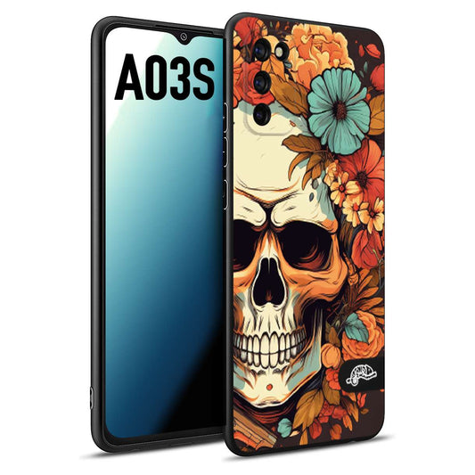 CUSTOMIZZA - Custodia cover nera morbida in tpu compatibile per Samsung A03S teschio skull flowers fiori autunnali arancio celeste tattoo