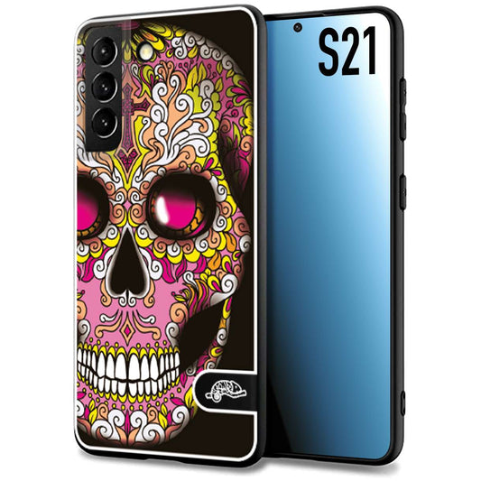 CUSTOMIZZA - Custodia cover nera morbida in tpu compatibile per Samsung S21 teschio messicano Mexican skull rosa gialla