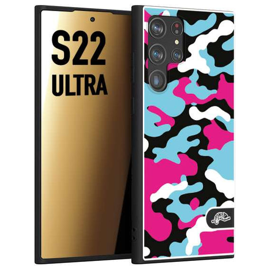 CUSTOMIZZA - Custodia cover nera morbida in tpu compatibile per Samsung S22 ULTRA camouflage mimetico militare fucsia celeste