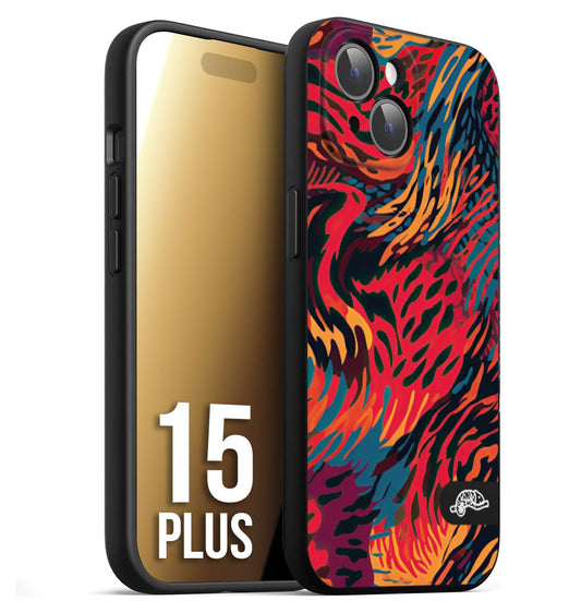 CUSTOMIZZA - Custodia cover nera morbida in tpu compatibile per iPhone 15 PLUS leopardato maculato tigrato colorata fiamme rossa blu arancione