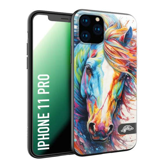 CUSTOMIZZA - Custodia cover nera morbida in tpu compatibile per iPhone 11 PRO animali color cavallo horse viso colori vibranti disegnato schizzo