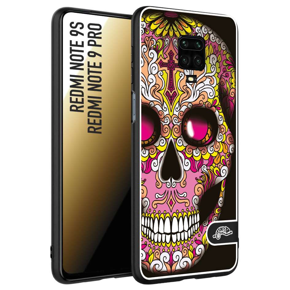 CUSTOMIZZA - Custodia cover nera morbida in tpu compatibile per Xiaomi Redmi Note 9S - Note 9 PRO teschio messicano Mexican skull rosa gialla