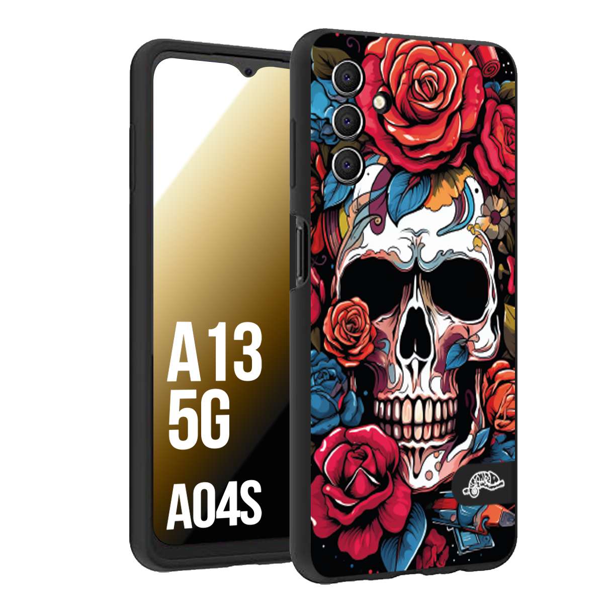 CUSTOMIZZA - Custodia cover nera morbida in tpu compatibile per Samsung A04S - A13 5G teschio skull flowers fiori rose rosse tattoo disegnato