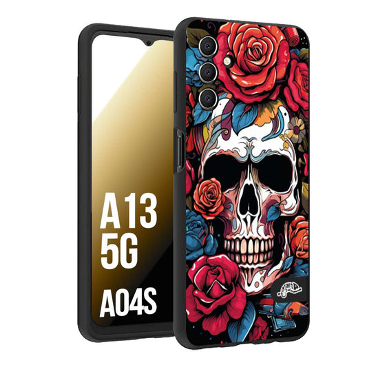 CUSTOMIZZA - Custodia cover nera morbida in tpu compatibile per Samsung A04S - A13 5G teschio skull flowers fiori rose rosse tattoo disegnato