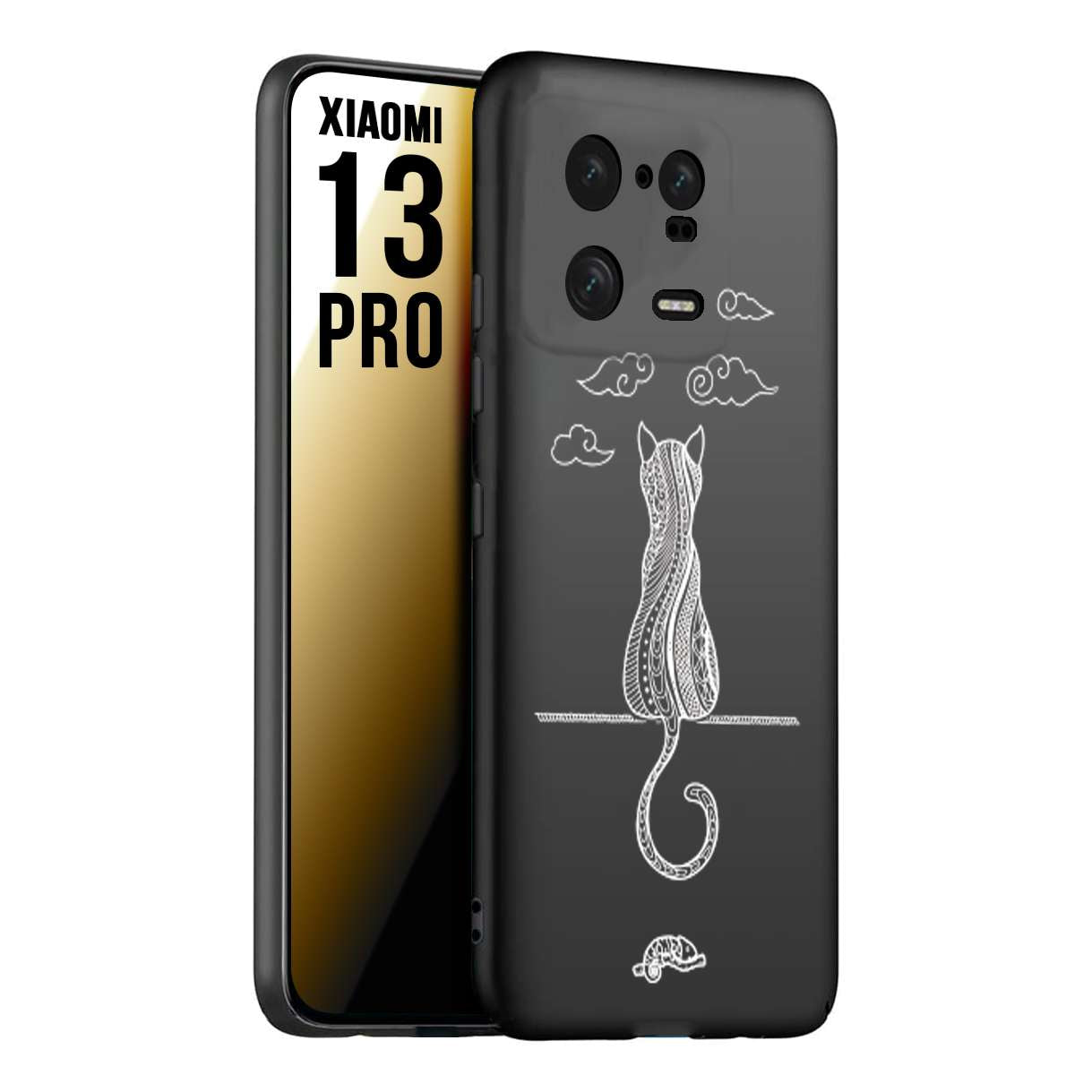 CUSTOMIZZA - Custodia cover nera morbida in tpu compatibile per Xiaomi 13 PRO gatto mandala stilizzato gattino a rilievo soft touch donna bianca