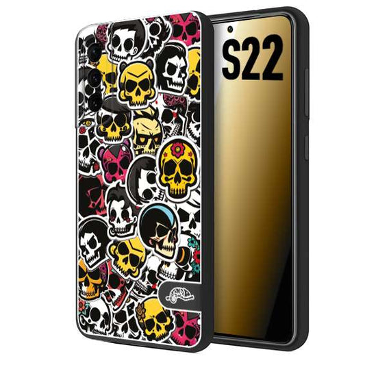 CUSTOMIZZA - Custodia cover nera morbida in tpu compatibile per Samsung S22 sticker bomb teschi colorati adesivi skulls skater snowboard