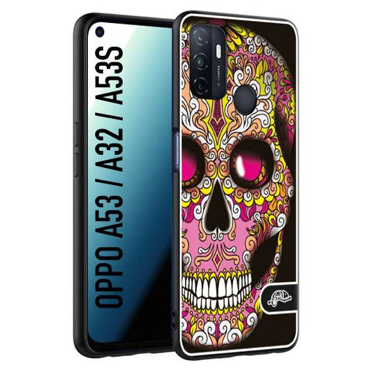 CUSTOMIZZA - Custodia cover nera morbida in tpu compatibile per Oppo A53 - A32 - A53S teschio messicano Mexican skull rosa gialla