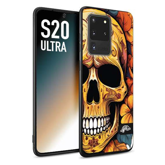 CUSTOMIZZA - Custodia cover nera morbida in tpu compatibile per Samsung S20 ULTRA teschio messicano colorato dorato fiori autunnali disegnato