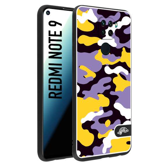 CUSTOMIZZA - Custodia cover nera morbida in tpu compatibile per Xiaomi Redmi Note 9 camouflage mimetico militare viola lilla giallo