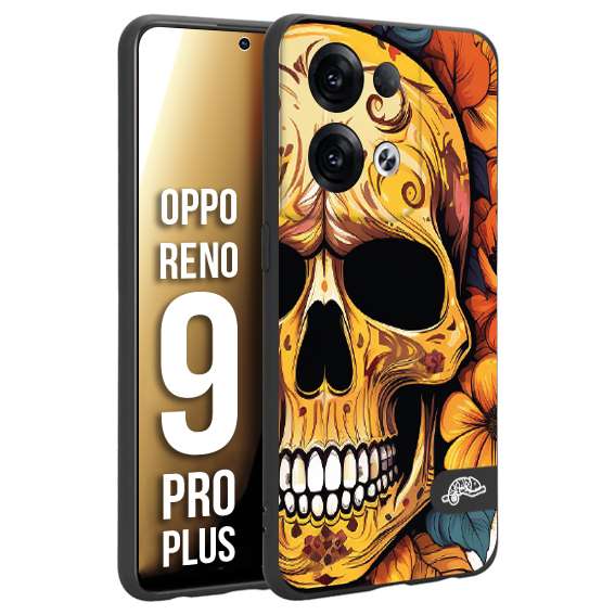 CUSTOMIZZA - Custodia cover nera morbida in tpu compatibile per Oppo Reno 9 PRO PLUS teschio messicano colorato dorato fiori autunnali disegnato