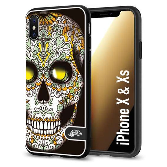 CUSTOMIZZA - Custodia cover nera morbida in tpu compatibile per iPhone X - Xs teschio messicano Mexican skull bianco verde giallo