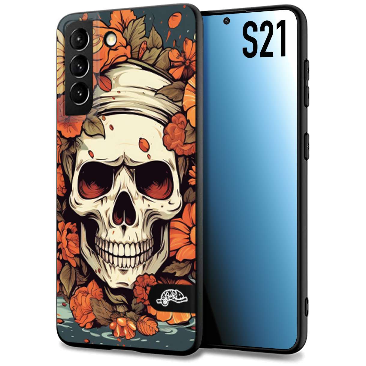 CUSTOMIZZA - Custodia cover nera morbida in tpu compatibile per Samsung S21 teschio skull flowers fiori tattoo disegnato alta definizione