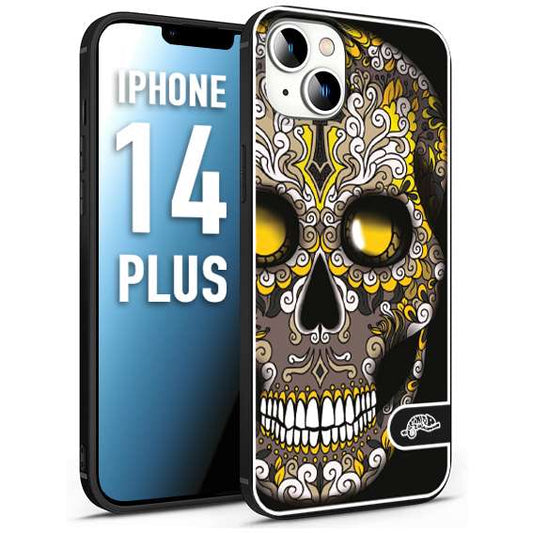 CUSTOMIZZA - Custodia cover nera morbida in tpu compatibile per iPhone 14 PLUS teschio messicano Mexican skull nero giallo