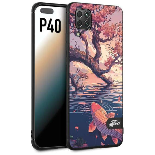 CUSTOMIZZA - Custodia cover nera morbida in tpu compatibile per Huawei P40 giapponese lago carpa koi rosa con foglie d'acero disegnata tattoo