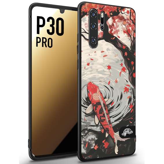 CUSTOMIZZA - Custodia cover nera morbida in tpu compatibile per Huawei P30 PRO giapponese lago carpa koi rossa con foglie d'acero rosso disegnata tattoo