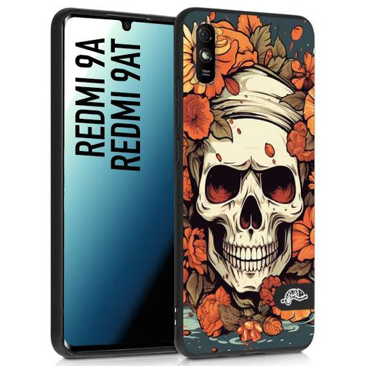 CUSTOMIZZA - Custodia cover nera morbida in tpu compatibile per Xiaomi Redmi 9A - 9AT teschio skull flowers fiori tattoo disegnato alta definizione