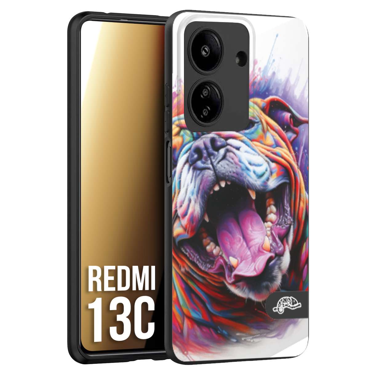 CUSTOMIZZA - Custodia cover nera morbida in tpu compatibile per Xiaomi Redmi 13C animali color bulldog cane dog colori vibranti disegnato schizzo