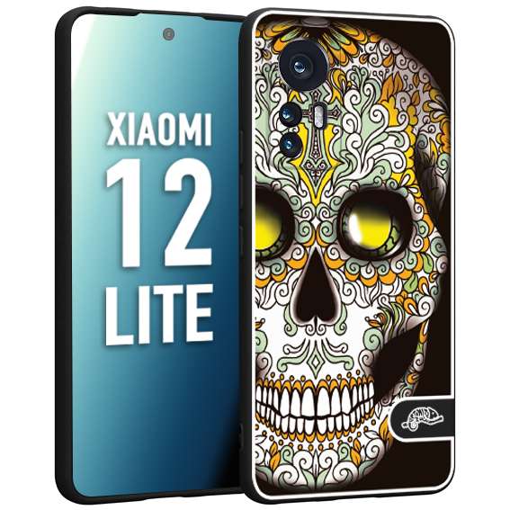 CUSTOMIZZA - Custodia cover nera morbida in tpu compatibile per Xiaomi 12 LITE teschio messicano Mexican skull bianco verde giallo