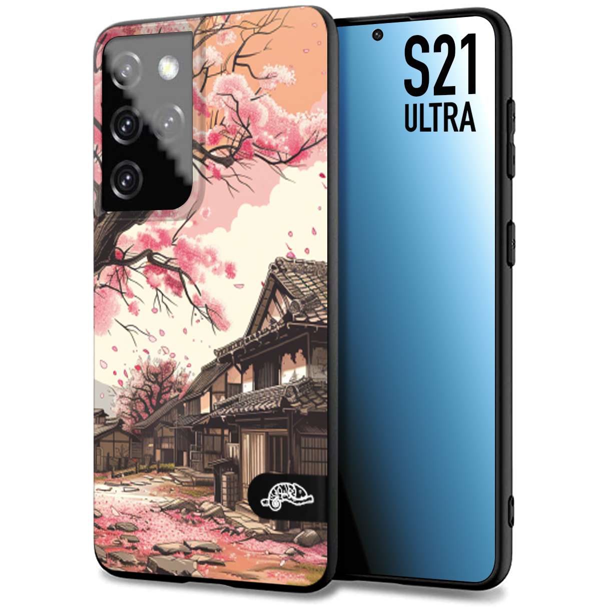 CUSTOMIZZA - Custodia cover nera morbida in tpu compatibile per Samsung S21 ULTRA casa giapponese rosa ciliegio in fiore disegnata tattoo