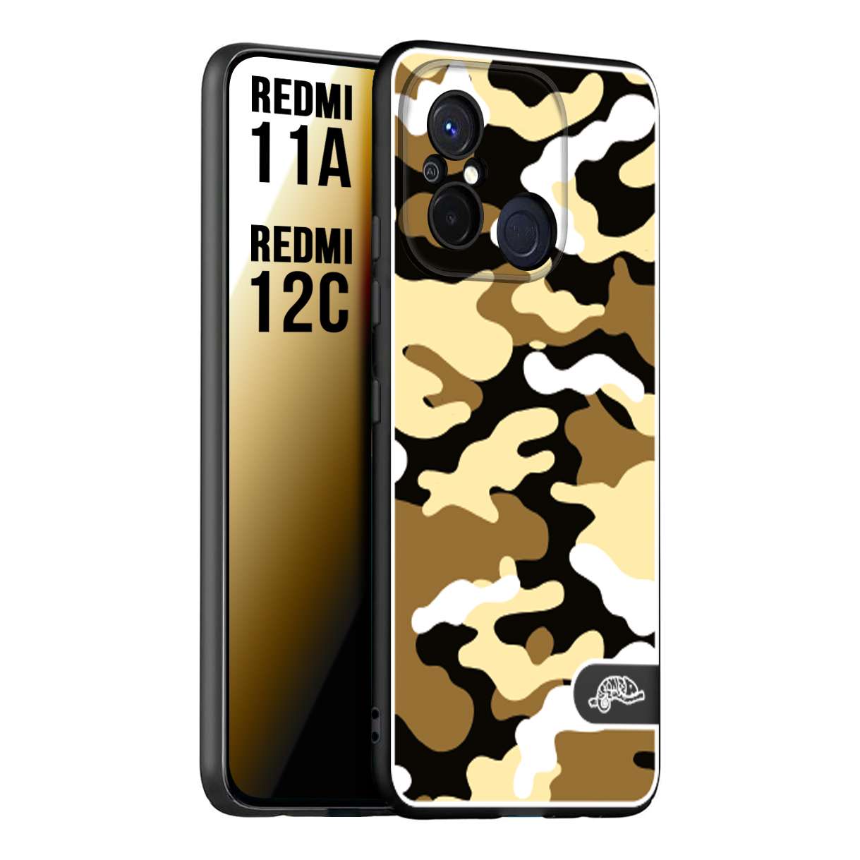 CUSTOMIZZA - Custodia cover nera morbida in tpu compatibile per Xiaomi Redmi 11A - 12C camouflage mimetico militare giallo desert brown