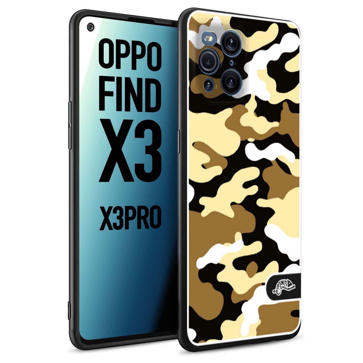 CUSTOMIZZA - Custodia cover nera morbida in tpu compatibile per Oppo Find X3 - Find X3 Pro 5G camouflage mimetico militare giallo desert brown