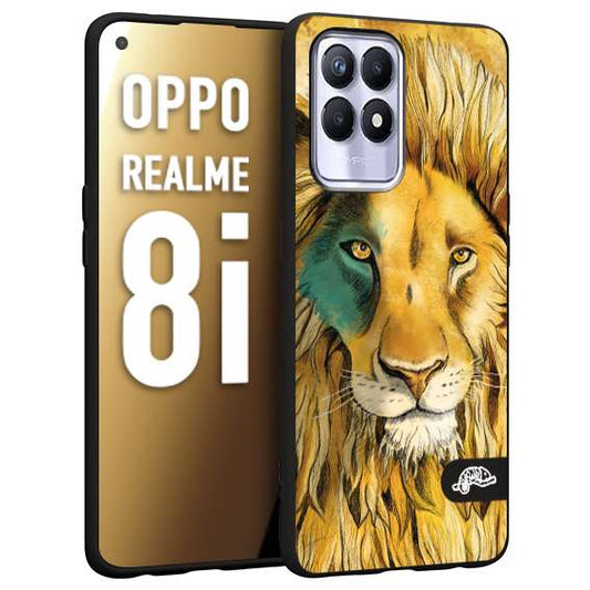 CUSTOMIZZA - Custodia cover nera morbida in tpu compatibile per Oppo Realme 8i leone lion disegnato a mano giallo blu a rilievo artistico brown