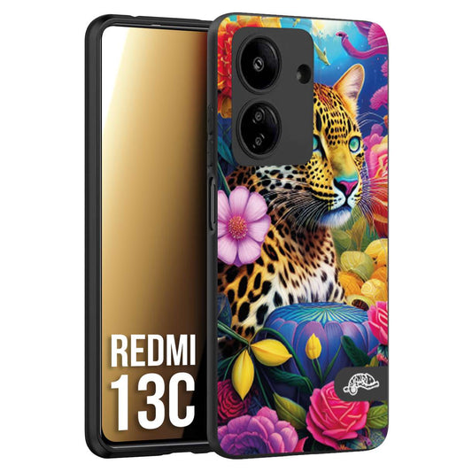 CUSTOMIZZA - Custodia cover nera morbida in tpu compatibile per Xiaomi Redmi 13C fiori astratti donna flower fantasia leopardo ghepardo animali colorati