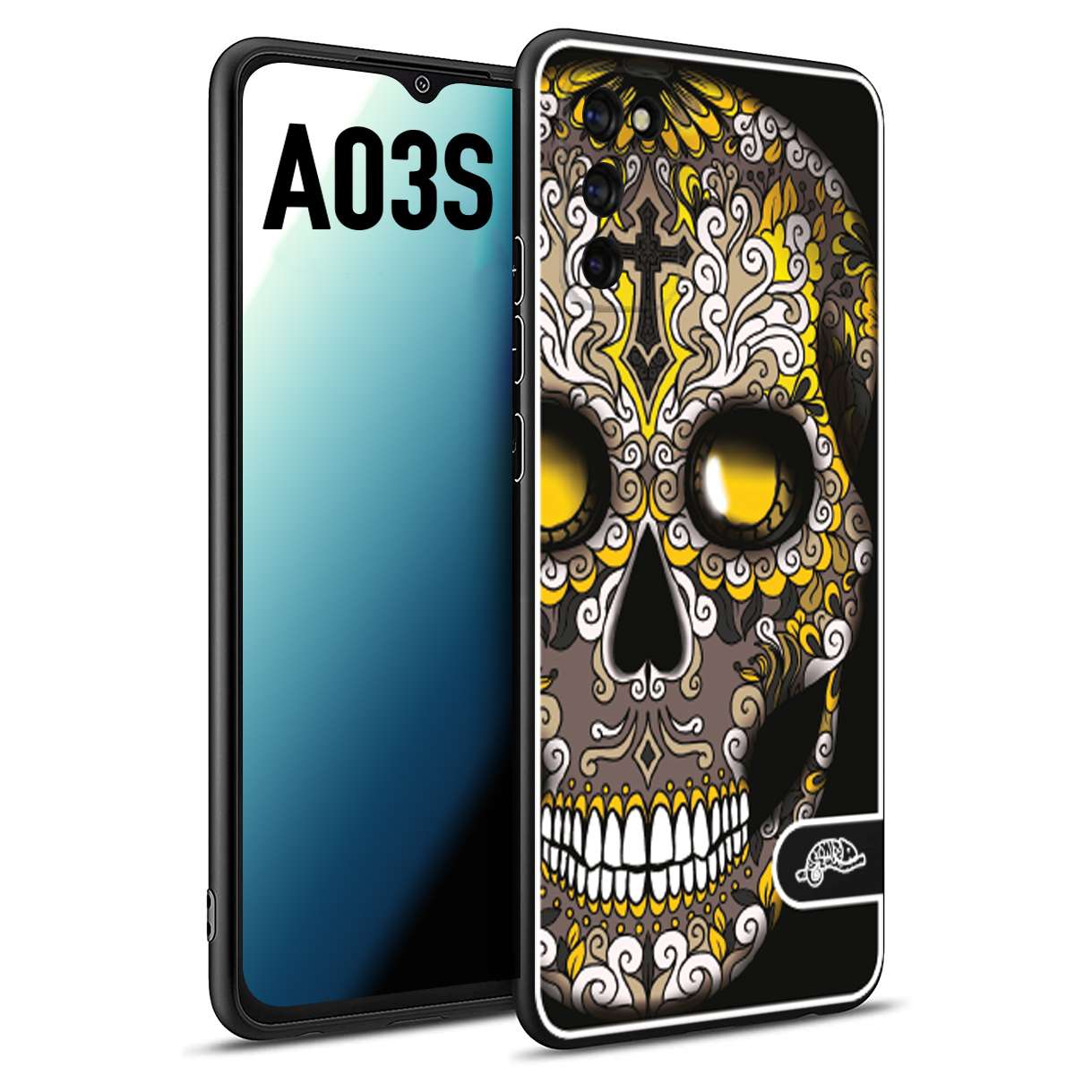 CUSTOMIZZA - Custodia cover nera morbida in tpu compatibile per Samsung A03S teschio messicano Mexican skull nero giallo