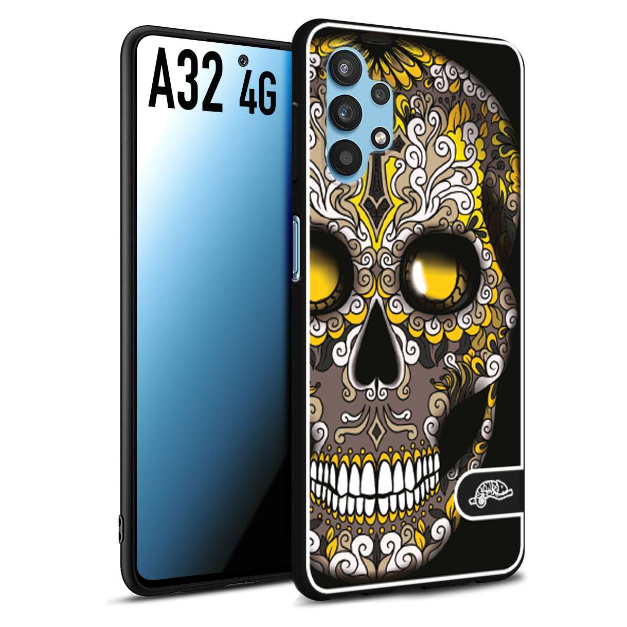 CUSTOMIZZA - Custodia cover nera morbida in tpu compatibile per Samsung A32 4G teschio messicano Mexican skull nero giallo