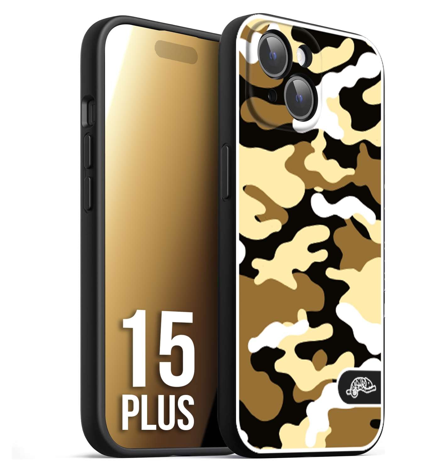 CUSTOMIZZA - Custodia cover nera morbida in tpu compatibile per iPhone 15 PLUS camouflage mimetico militare giallo desert brown